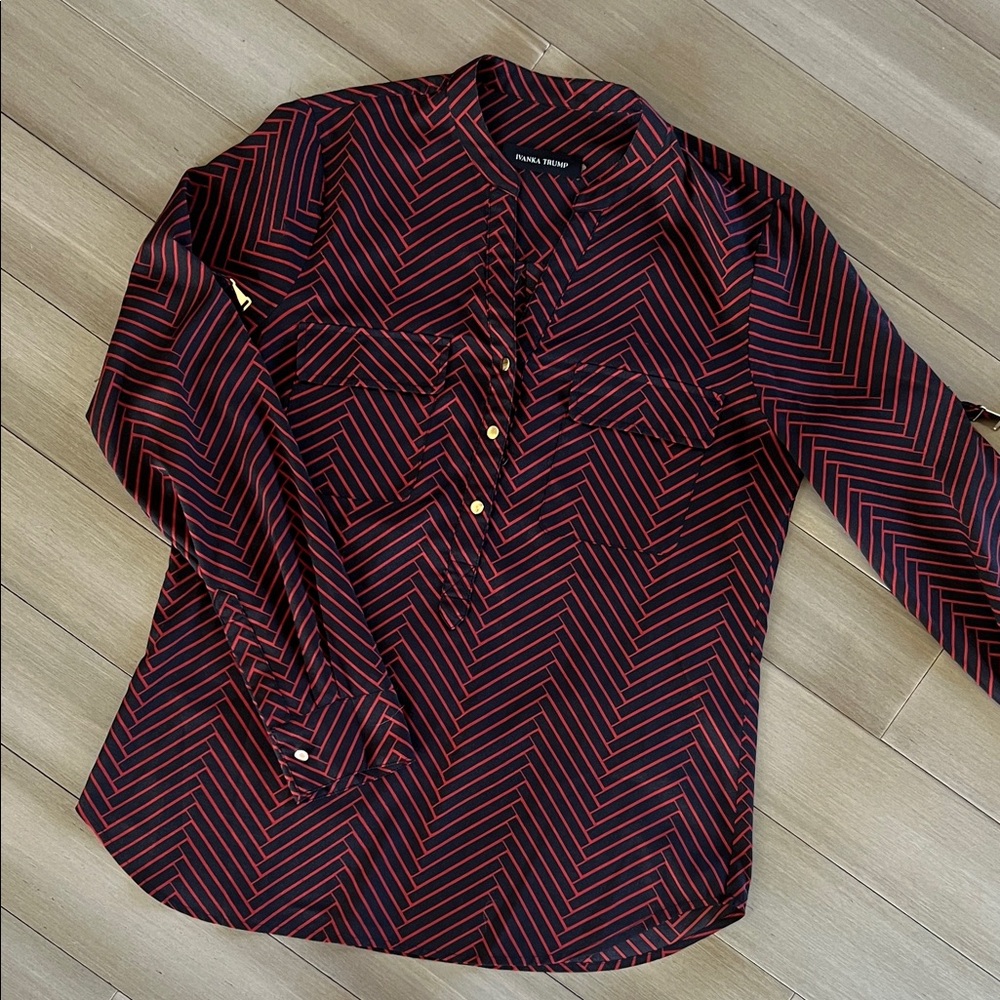 Ivanka Trump Black Blouse with Red Stripe Pattern